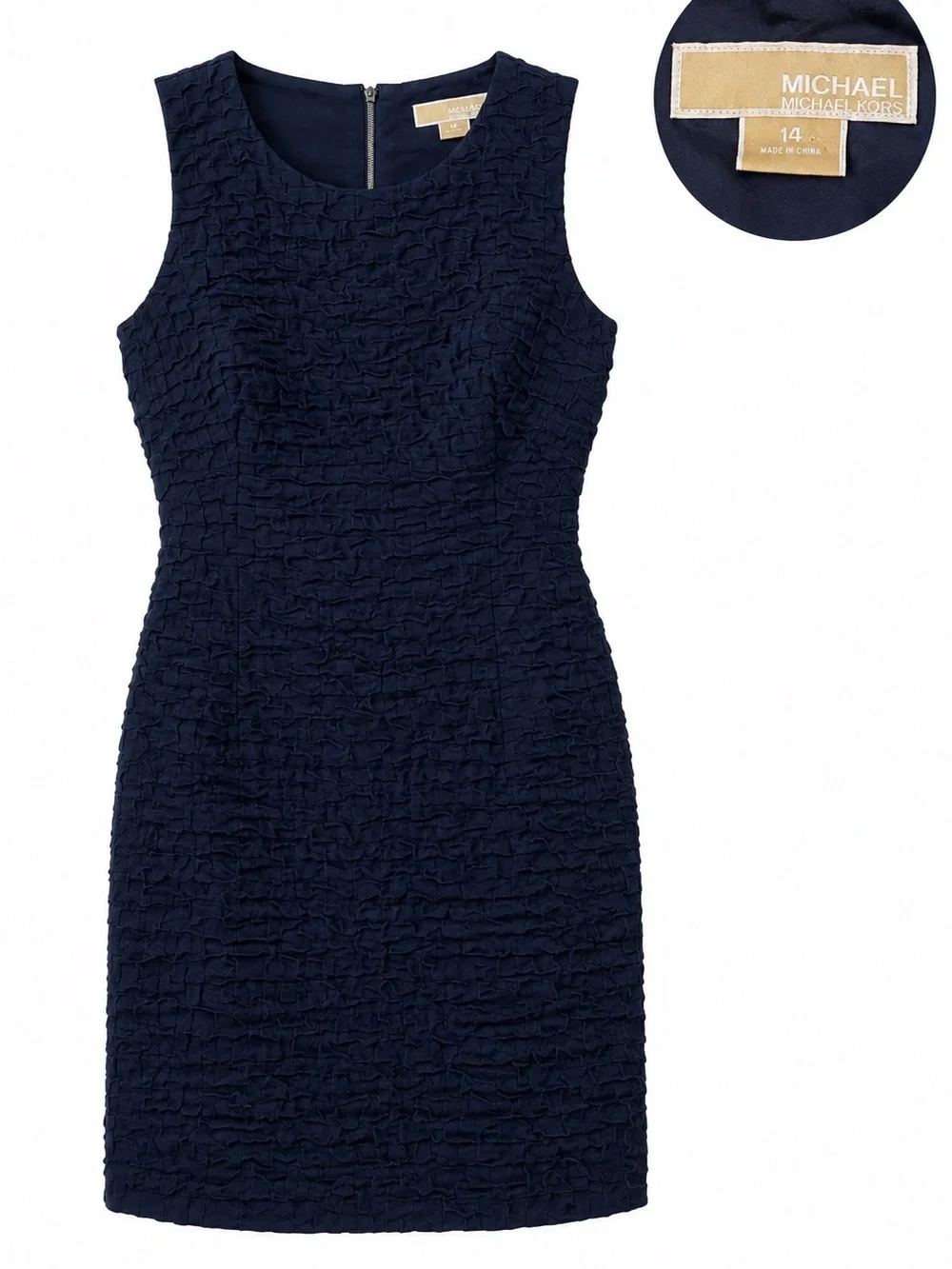 Michael Kors Crinkle Textured Sheath Dress Size 14 Navy Sleeveless Office Work
